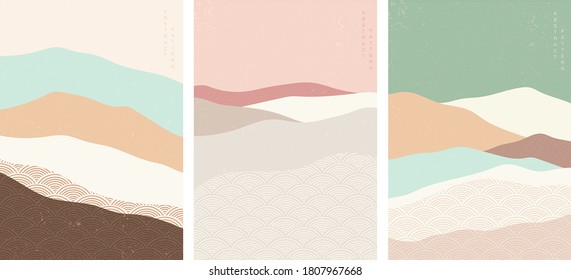 Abstract art background with Japanese wave pattern vector. Art landscape in vintage style. Mountain forest template.