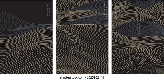 Abstract art background with Japanese wave pattern vector. Art landscape with gold line pattern. Mountain forest template.