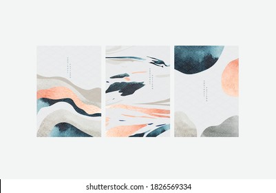 Abstract art background with Japanese wave pattern vector. Natural landscape template illustration with watercolor texture elements.