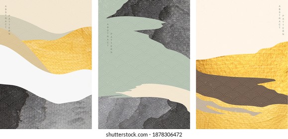 Resumen de fondo artístico con vector de patrón ondulado japonés. Ilustración de la plantilla de paisaje natural con lámina de oro y elementos de textura negra.