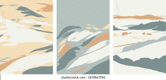Abstract art background with Japanese wave pattern vector. Natural landscape template illustration with brush stroke elements.