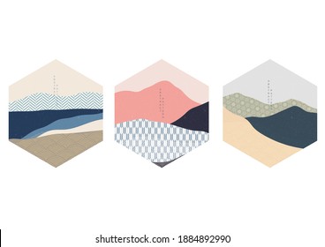 Abstract art background with Japanese wave pattern vector. Pastel art landscape template. Mountain forest with geometric elements cover design.