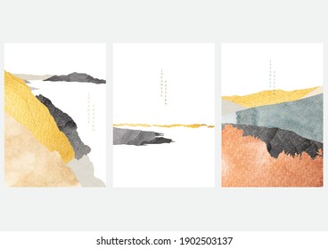 Abstract art background with Japanese wave pattern vector. Mountain landscape banner with watercolor texture in vintage style.