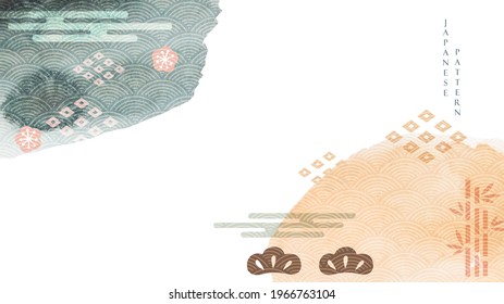 Abstract art background with Japanese wave pattern vector. Watercolor texture with bonsai, cherry blossom flower icon in vintage style.