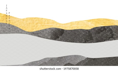 Abstract art background with Japanese wave pattern vector. Gold and black texture with mountain forest banner design in vintage style.