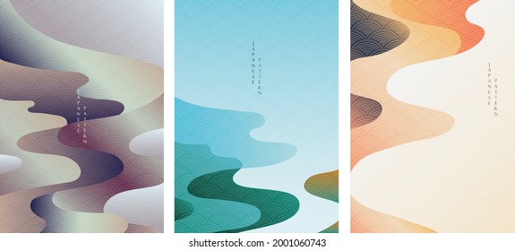 Abstract art background with Japanese wave pattern vector. Flow and dynamic banner design with gradient element in vintage style.