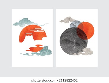 Abstract art background with Japanese wave pattern vector. Fuji mountain with black and red texture elements. Chinese cloud watercolor texture decoration.