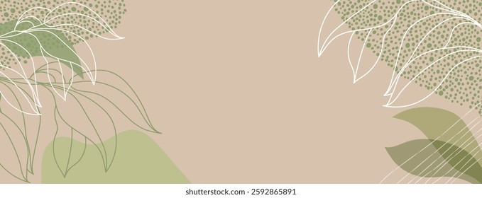 Abstract art background with leaf outlines and abstract organic shapes. Soft green and beige tones create natural, elegant, and minimalistic design. Vector illustration