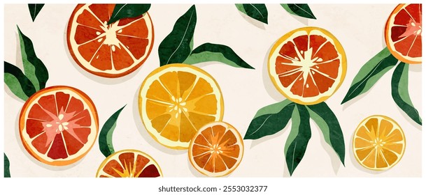 Abstract art background with leaves and citrus fruits lemon, orange, grapefruit with watercolor texture. Fruit tropical banner for decor, print, wallpaper, packaging, cover, interior design