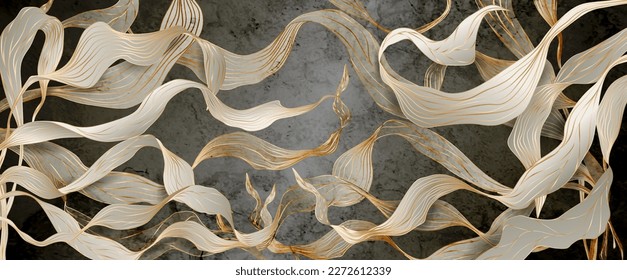 Abstract art background with leaves or fabric in beige and white color in gold line art style. Vector watercolor banner with exotic plants for decoration, print, textile, wallpaper.