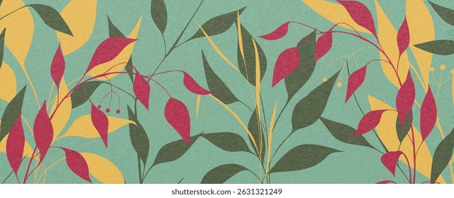 Fundo de arte abstrata com folhas e grama em estilo moderno. Banner botânico para decoração, impressão, têxtil, papel de parede, tampa, têxtil, embalagem, convites.