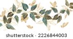 Abstract art background with leaves on tree branches with butterflies in golden line art in a watercolor style. Botanical banner for decor, print, wallpaper, textile, packaging, interior design.