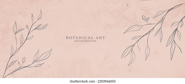 Abstract art background with leaves on branches in line style. Hand drawn botanical banner for wedding design, decor, invitations, packaging, wallpaper, textile.