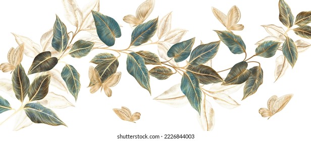 Abstract art background with leaves on tree branches with butterflies in golden line art in a watercolor style. Botanical banner for decor, print, wallpaper, textile, packaging, interior design.