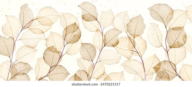 Abstract art background with leaves on a branch in transparent watercolor style. Botanical banner for decoration, print, textile, wallpaper, interior design, poster, packaging.