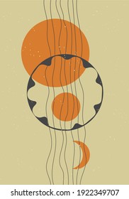 Abstract art background with lines, moon and sun. Art print for wall decoration, brochure cover, posters, banner, backdrop. Art template. Hipster, vintage style. Contemporary, modern art pattern. Boho
