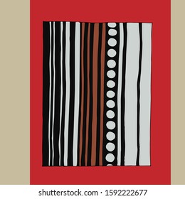 Abstract art background. Modern pattern with a geometric pattern of lines and circles. Black, white and orange color on a red background. Contemporary art for interior design. Vector