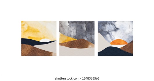 Abstract art background with natural landscape template. Desert elements with Art landscape wallpaper. Watercolor texture with mountain forest banner.