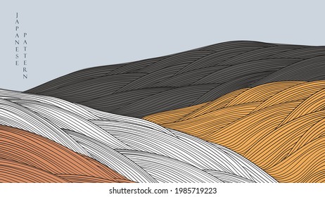 Abstract art background with natural landscape banner design in vintage style. Mountain forest template with hand drawn line pattern. 