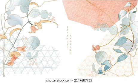 Abstract art background with Natural watercolor texture vector. Hand drawn flower element with Japanese geometric pattern illustration in vintage style. Pastel colorful concept.