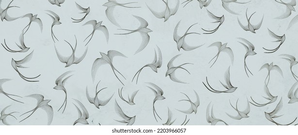 Abstract art background with a pattern of birds swallows in line style. Minimalistic vector banner for decoration design, print, textile, packaging, fabric, wallpaper.