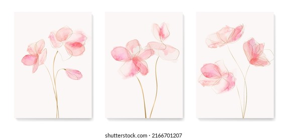 Resumen de fondo de arte con flores rosas en estilo de arte dorado. Cartel de acuarela botánica con flores de verano para la decoración, diseño interior, invitaciones, papel pintado, tela