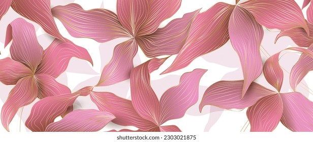 Abstract art background with pink tropical leaves with golden elements in art line style. Botanical banner with exotic plants for wallpaper, decor, print, interior design.