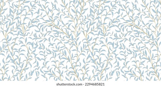 Abstract art background with seamless pattern of tree leaves hand drawn in gold art line style. Botanical banner in vintage style for decoration design, print, textile, interior, wallpaper.