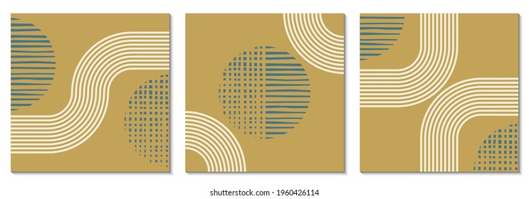 Abstract art background set with geometric shapes. Minimal design with circles and lines. Square contemporary poster, modern graphic, trendy cover, print or wallpaper design template.