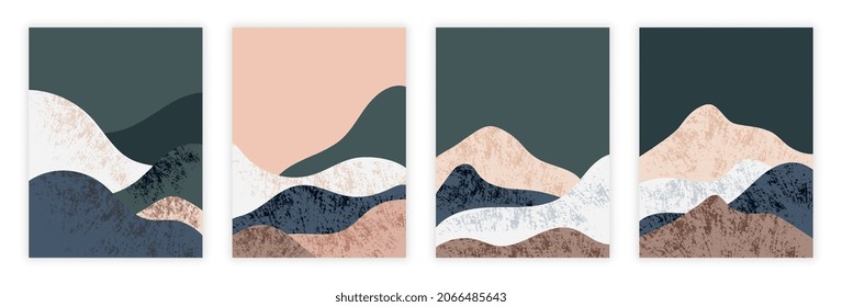 Abstract art background. Set of images with mountains in minimalistic style. Collection of paintings for home decoration, shape. Cartoon flat vector illustrations isolated on white background