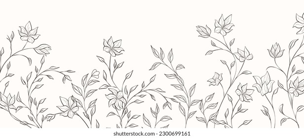 Abstract art background with summer and spring flowers and grass hand drawn in line style. Botanical banner for decor, print, textile, wallpaper, interior design.