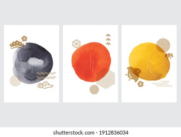 Abstract art background with traditional Japanese icon and pattern vector. Watercolor texture in Chinese style. Circle object banner illustration.