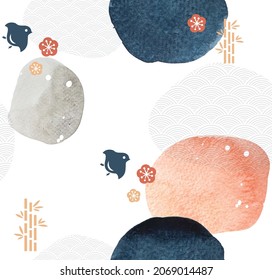 Abstract art background with traditional Japanese icon and pattern vector. Watercolor texture in Chinese style. Circle object banner illustration.
