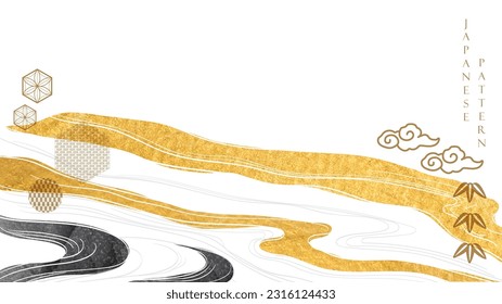 Abstract art background with traditional Japanese icon and pattern vector. Black and gold watercolor texture in Chinese style. Hand drawn wave object banner illustration.