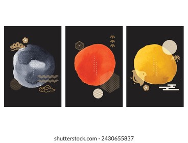 Abstract art background with traditional Japanese icon and pattern vector. Watercolor texture in Chinese style. Circle object banner illustration.