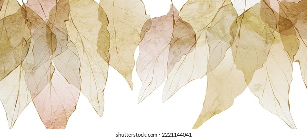 Abstract art background with transparent dry tree leaves in a watercolor style. Botanical banner for wallpaper design, decor, interior design, textile, print.