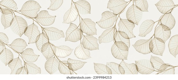 Abstract art background with transparent leaves on branches, hand drawn in watercolor style. Botanical banner for wallpaper, decor, print, textile, interior design, poster, packaging.