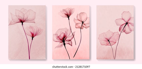 Resumen de fondo de arte con flores rosa de rayos X transparentes. Conjunto de afiches artísticos para el diseño, la decoración de los vectores de acuarela botánica