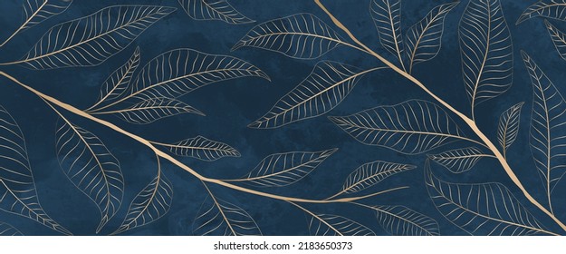 Abstract art background with tree leaves in gold color in line style. Botanical blue color watercolor wallpaper for decoration, print, interior design, packaging