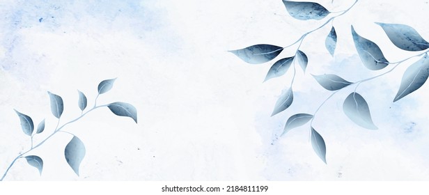 Abstract art background with tree leaves in blue. Botanical banner in watercolor style for wallpaper, design, decor, print