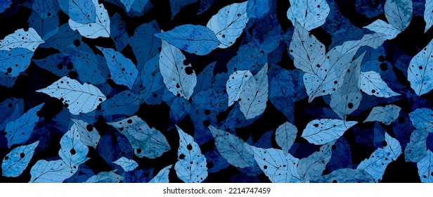 Resumen de fondo de arte con hojas de árbol en azul en estilo de rayos X. Banner vectorial botánico para diseño de papel pintado, decoración, impresión, diseño interior, textil, embalaje, afiche.