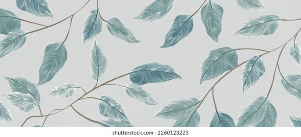 Abstract art background with tree leaves hand drawn in art line style. Botanical light banner in blue and green colors for decoration, print, wallpaper, textile, interior design.