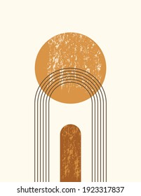 Abstrakter Kunsthintergrund im trendigen Minimalstil mit Regenbogen und Sonne in neutralen Farben. Vektorboho Illustration für Wall-Kunst, T-Shirt-Druck, Cover, Banner, für soziale Medien