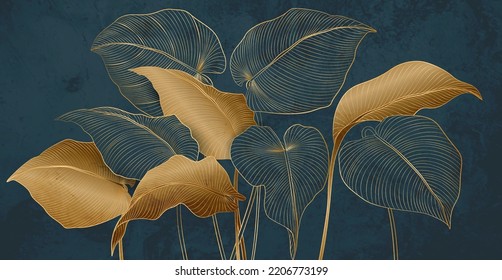 Abstract art background with tropical leaves in gold line art style. Botanical banner with exotic plants for wallpaper, decor. print, packaging, textiles, interior.