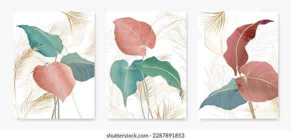 Abstract art background with tropical leaves in pink and green color with golden elements in line art style. Botanical watercolor set for decor, print, interior design, textile, wallpaper.