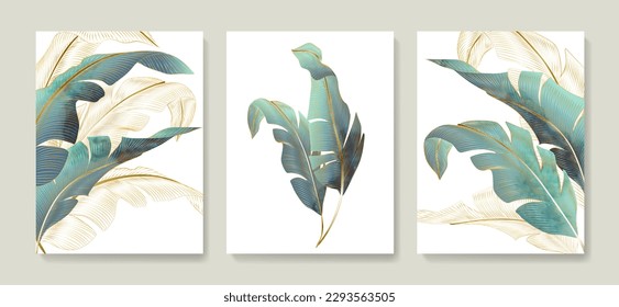 Abstract art background with tropical leaves in a watercolor style with golden elements in line style. Botanical print set for decor, print, wallpaper, interior design.