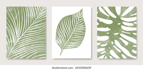 Abstract art background with tropical leaves with watercolor texture. Botanical set of posters with exotic plants for decoration, print, textiles, interior design.