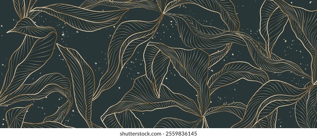 Abstract art background with tropical leaves of exotic plants in golden line style. Botanical banner for decor, print, wallpaper, cover, packaging, interior design.