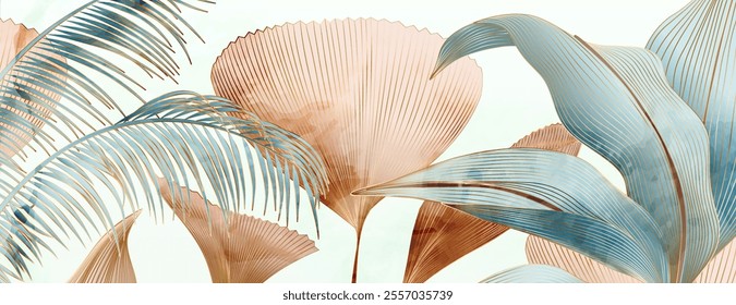 Abstract art background with tropical tree leaves with line elements in watercolor style. Botanical banner for decor, print, textile, interior design, wallpaper, invitations, packaging.