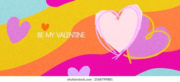 Abstract art background for Valentine's Day in modern style with colorful waves and hearts for design template, banner, print, poster, invitation, packaging, social media, cover.